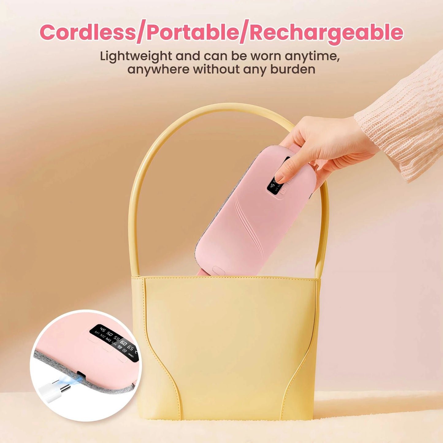 Cordless Heating Pad for Period Cramps & Menstrual, 5 Heat Levels, 4 Massage Modes, Portable Abdominal Belt with Ntc Safe Temperature Control, 15/30 Min Auto Timer