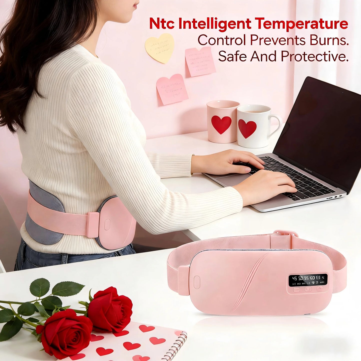 Cordless Heating Pad for Period Cramps & Menstrual, 5 Heat Levels, 4 Massage Modes, Portable Abdominal Belt with Ntc Safe Temperature Control, 15/30 Min Auto Timer