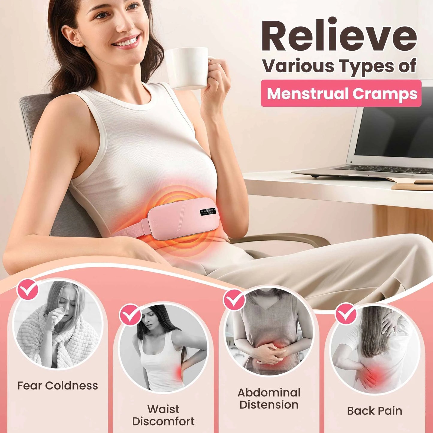 Cordless Heating Pad for Period Cramps & Menstrual, 5 Heat Levels, 4 Massage Modes, Portable Abdominal Belt with Ntc Safe Temperature Control, 15/30 Min Auto Timer