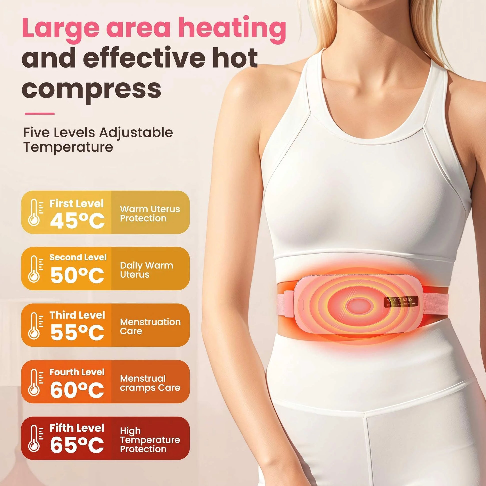 Cordless Heating Pad for Period Cramps & Menstrual, 5 Heat Levels, 4 Massage Modes, Portable Abdominal Belt with Ntc Safe Temperature Control, 15/30 Min Auto Timer