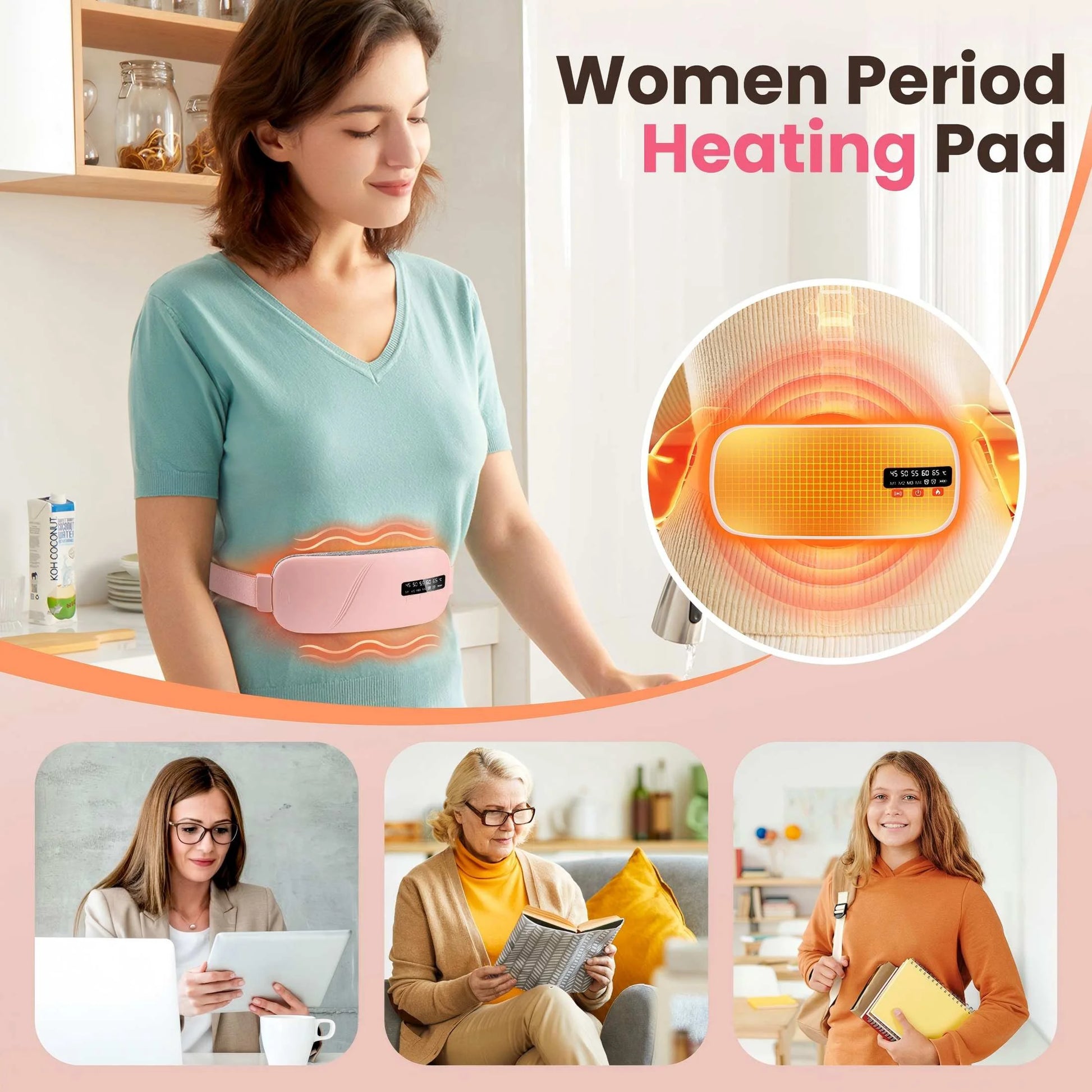 Cordless Heating Pad for Period Cramps & Menstrual, 5 Heat Levels, 4 Massage Modes, Portable Abdominal Belt with Ntc Safe Temperature Control, 15/30 Min Auto Timer