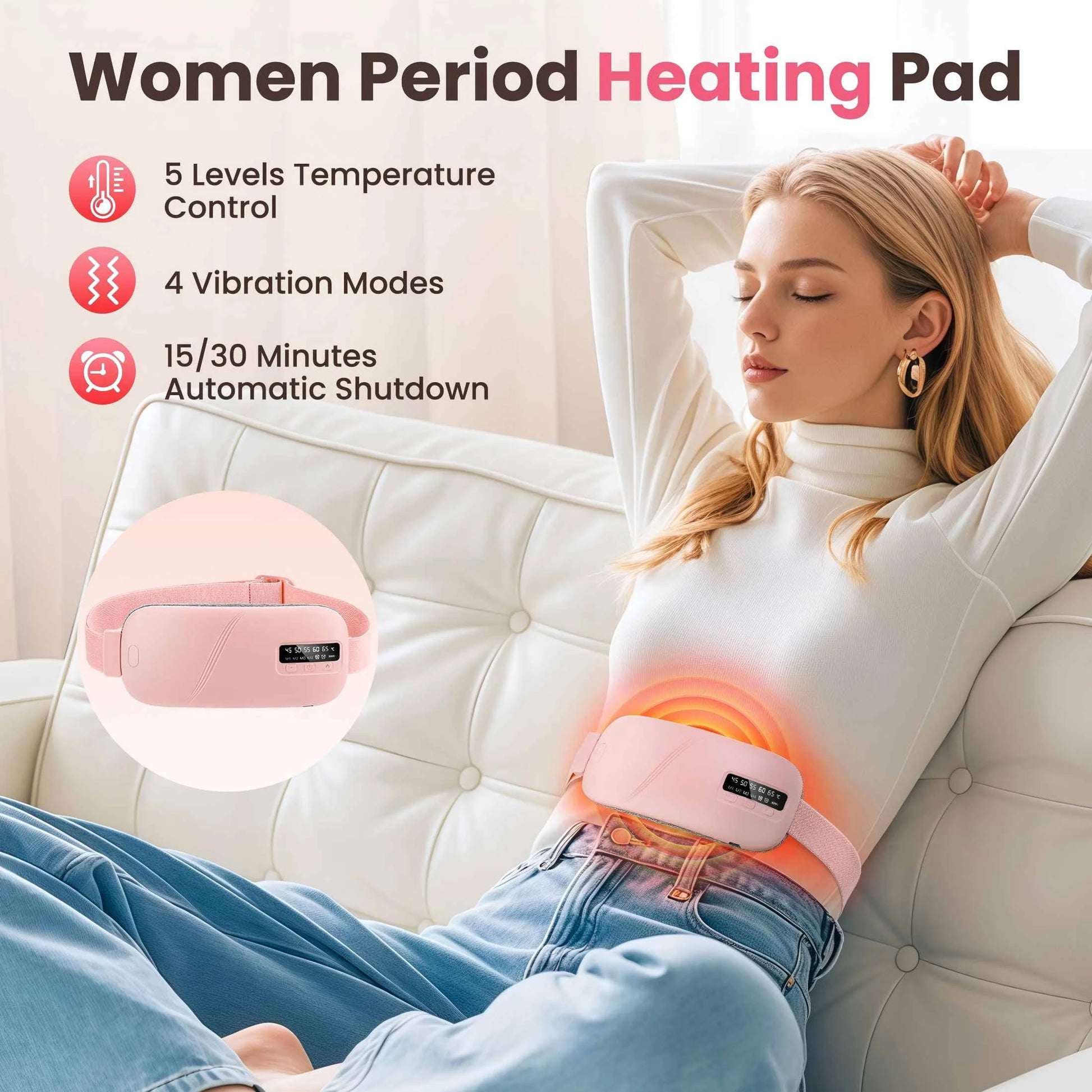 Cordless Heating Pad for Period Cramps & Menstrual, 5 Heat Levels, 4 Massage Modes, Portable Abdominal Belt with Ntc Safe Temperature Control, 15/30 Min Auto Timer