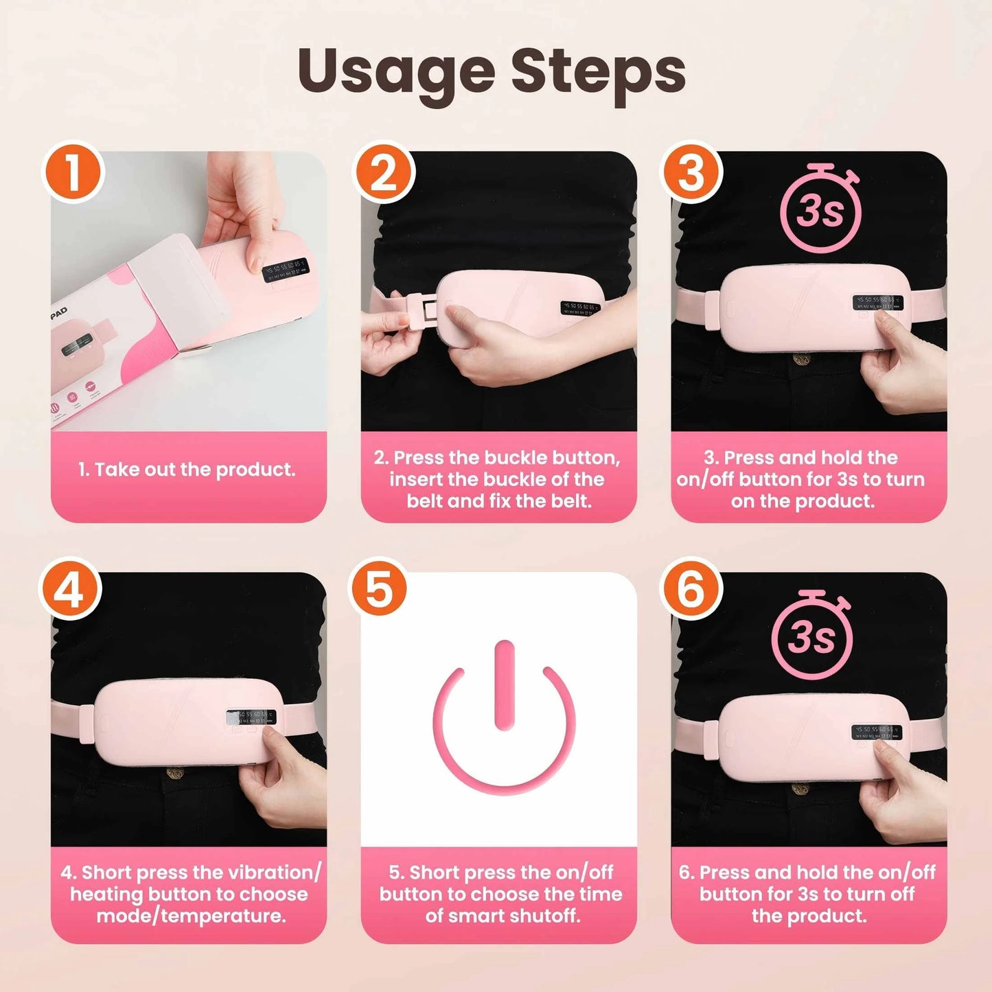 Cordless Heating Pad for Period Cramps & Menstrual, 5 Heat Levels, 4 Massage Modes, Portable Abdominal Belt with Ntc Safe Temperature Control, 15/30 Min Auto Timer