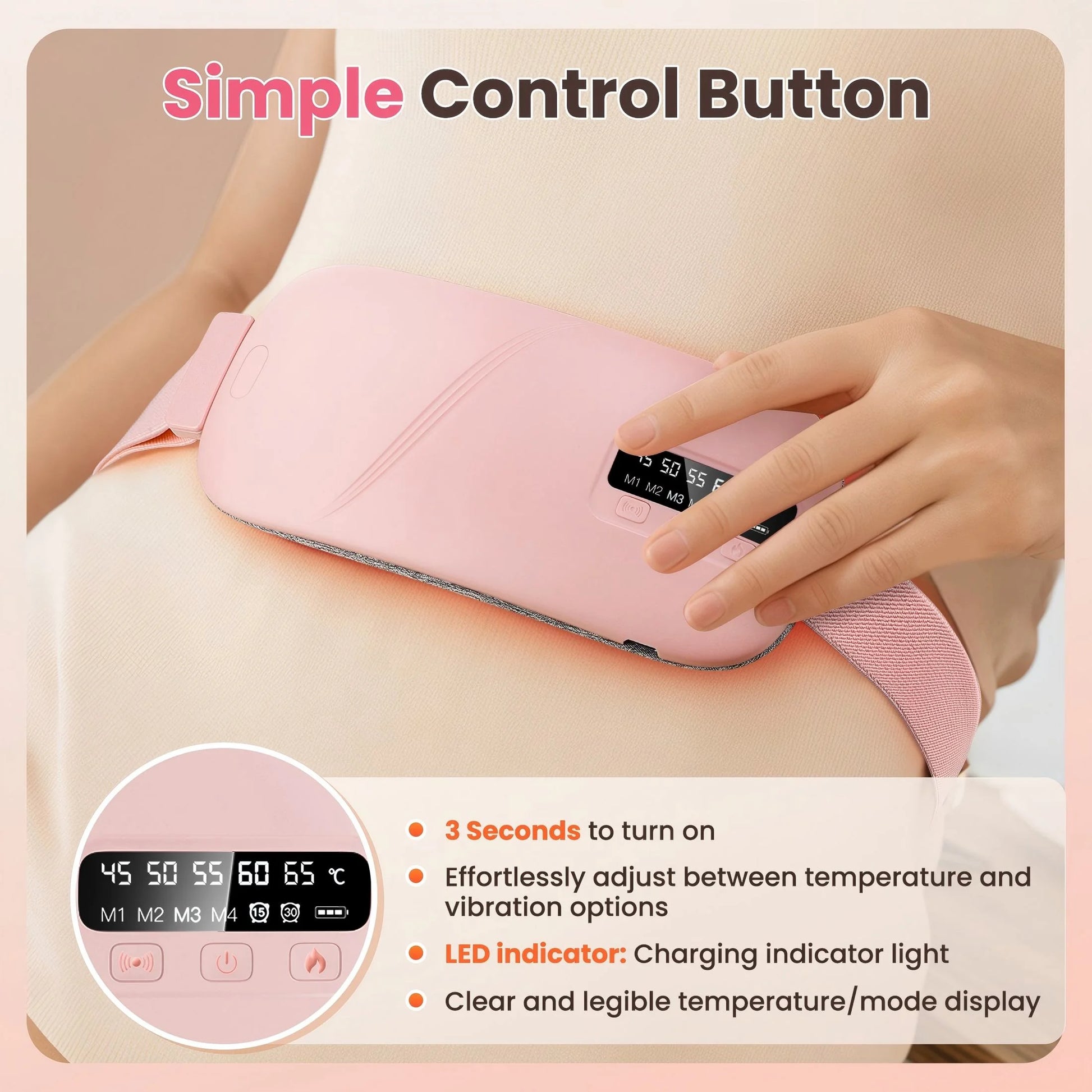 Cordless Heating Pad for Period Cramps & Menstrual, 5 Heat Levels, 4 Massage Modes, Portable Abdominal Belt with Ntc Safe Temperature Control, 15/30 Min Auto Timer